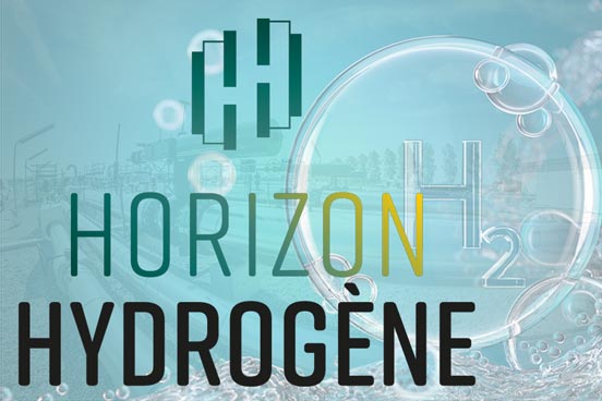 Logo Horizon Hydrogène ; Icône H2 (Gettyimages) et station de compression Pitgam (Nicolas Dorh)