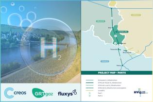 HY4link's map, GRTgaz, Creos, fluxys logos and Getty Images photos